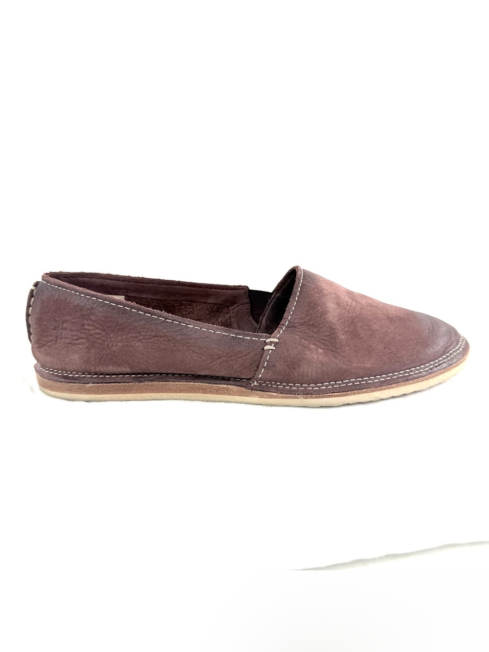 Frye Women Size 8.5 Brown Textured Leather Slip On Flat Loafer Shoe Cream Stitch